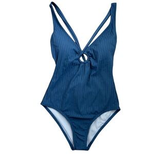 DAVINA Women’s 1-Piece Swimsuit Ribbed‎ Blue Key-Hole Open Tie-Back Light Bra M